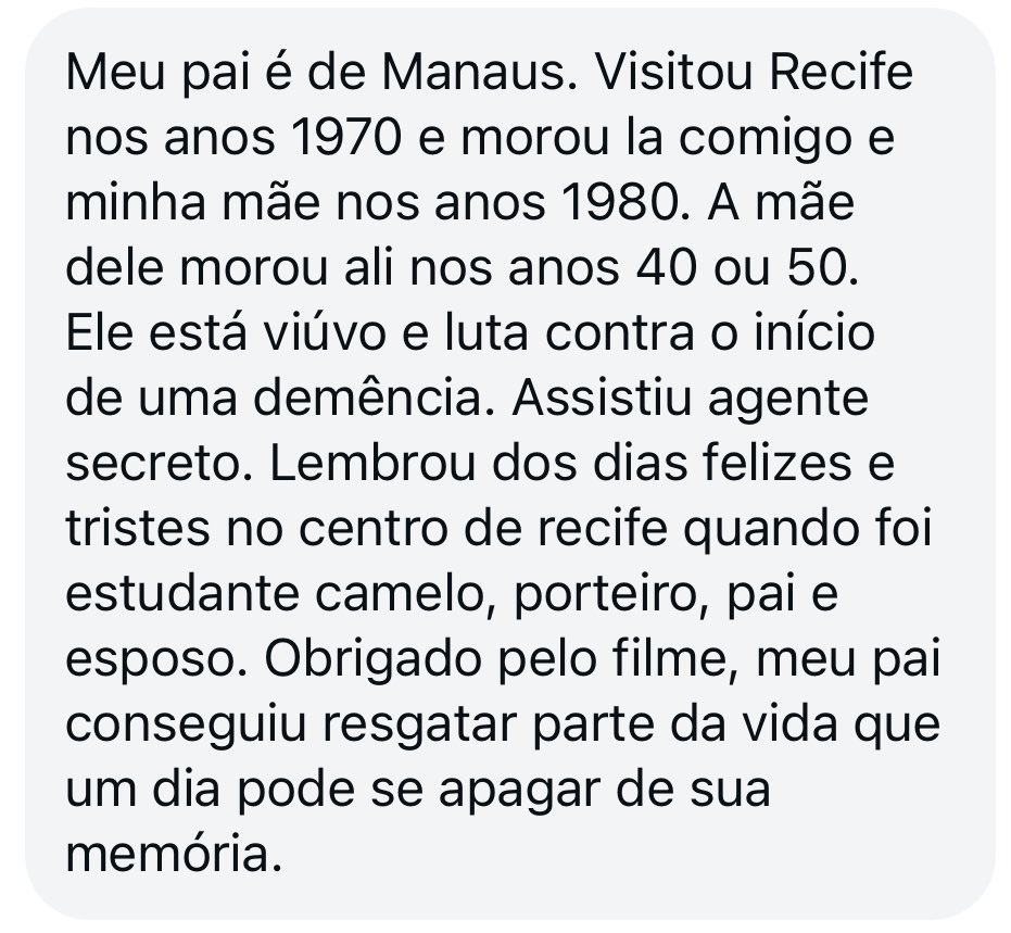Recebi essa mensagem, pedi para compartilhar sem o nome. A carreira de O AGENTE SECRETO em tudo é uma
Beleza Pura, mas receber esse tipo de reação é mais bonito ainda. Grato