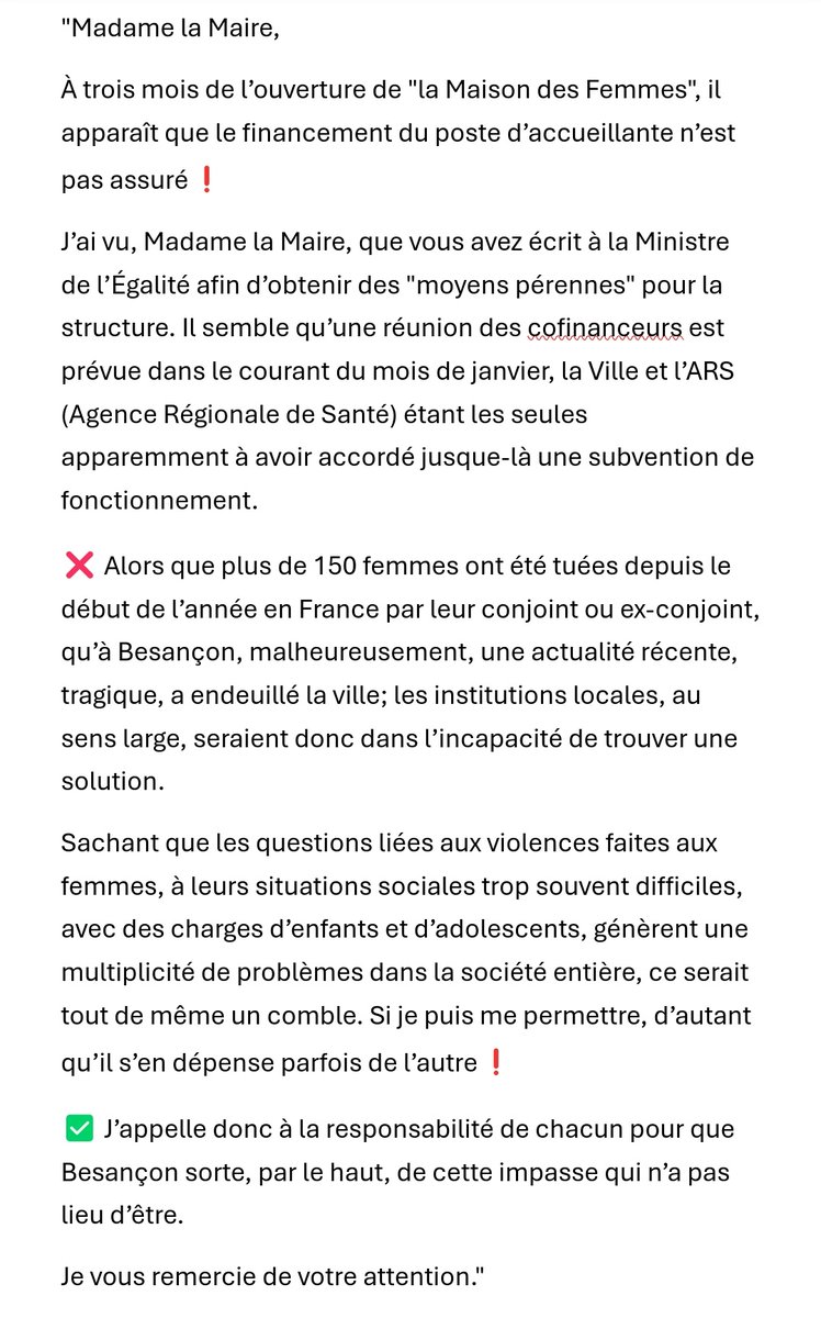 Jeudi, les difficultés de circulation m’ont empêchée d’arriver à l’heure au conseil municipal. 
Je vous communique l’intervention que j'avais prévue sur les problèmes de financement du projet "Maison des Femmes".
#besancon #maisondesfemmes #violencesauxfemmes #feminicide