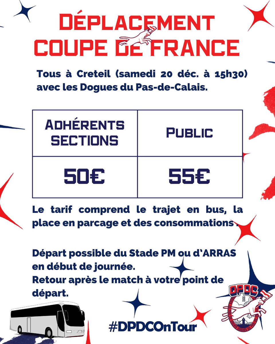 DÉPLACEMENT COUPE DE FRANCE |

La section organise un bus pour le déplacement en coupe de France ce samedi 20 décembre face à Saint Maur Lusi au stade de Créteil 

Départ du stade ou d'Arras 

Pour réserver 👇
helloasso.com/associations/d…