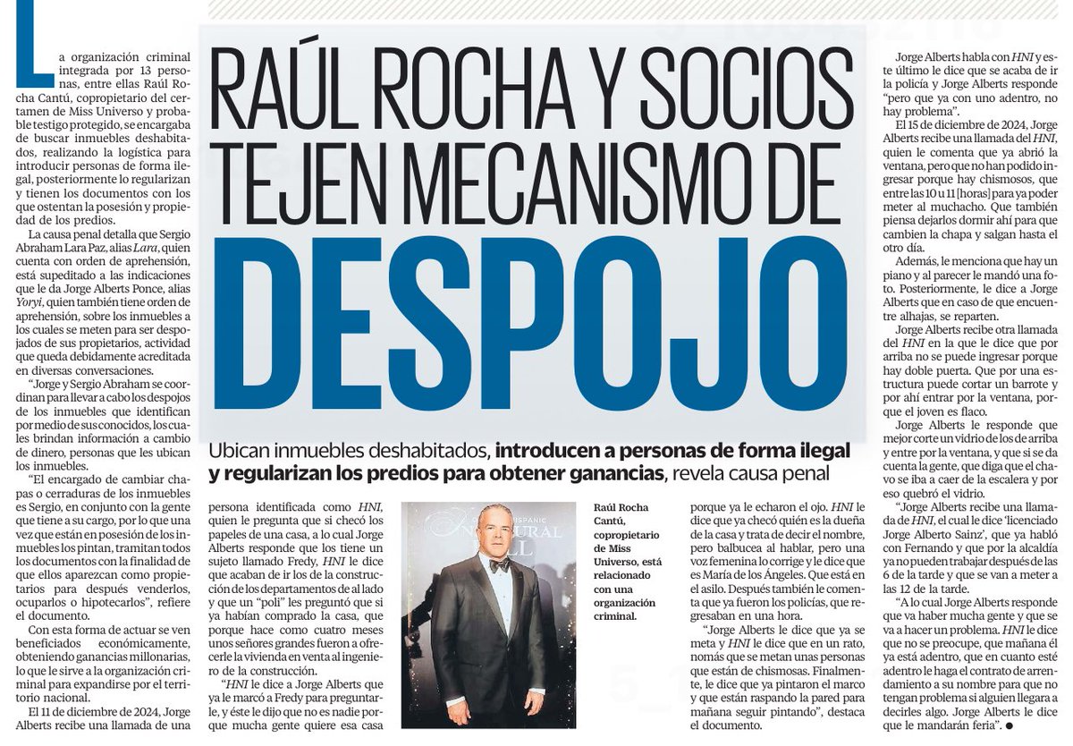 🟤 DESPOJO A GRAN ESCALA

Raúl Rocha y su red operan un mecanismo para ocupar inmuebles vacíos, introducir personas ilegalmente y luego regularizar las propiedades para lucrar con ellas. La causa penal detalla logística, nombres y predios implicados.