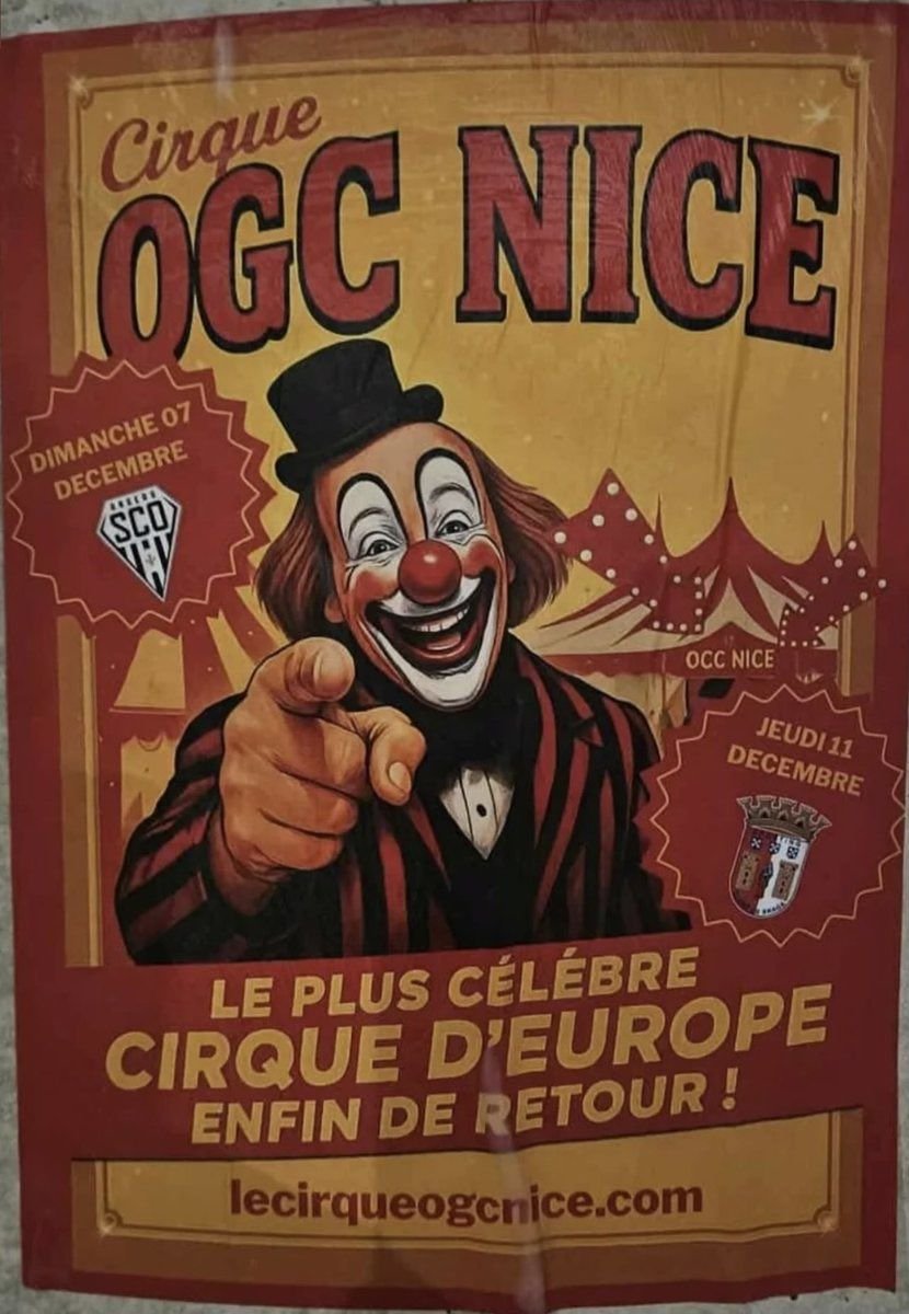 🚨 | Grupos do OGC Nice 🇫🇷 anunciaram boicote ao jogo de hoje com o SCO Angers 🇫🇷 e de quinta com o SC Braga 🚫

«O circo mais famoso da Europa está finalmente de volta!» 🤡

Experimentam o link do cartaz ⤵️😂
lecirqueogcnice.com