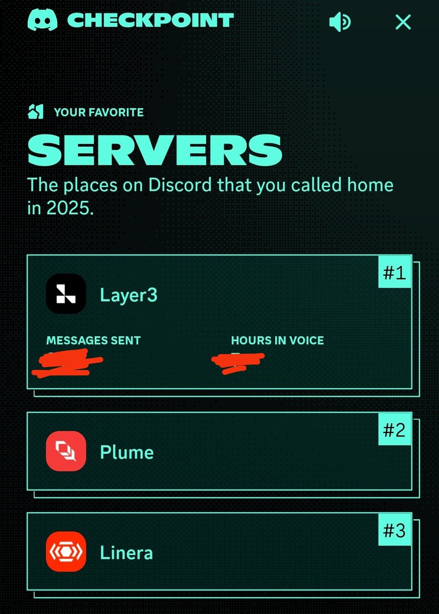 2025 Discord Wrapped: My whole year boiled down to three servers

This year I mostly hung out in layer 3, <a href="/plumenetwork/">Plume - RWAfi Chain</a> and <a href="/linera_io/">Linera ⛓️</a>. Daily loop was always the same: wake up, scan announcements, share fresh tasks and testnet links, drop quick farming guides, click whatever