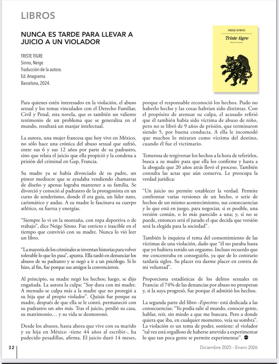 GLaveaga's tweet photo. Comparto con ustedes la reseña de la novela 'Triste tigre', de Neige Sinno -testimonio de una mujer que llevó a juicio a su padrastro por sus abusos sexuales-, publicada en la revista de la @BMA_Abogados : https://t.co/tkissvivPR