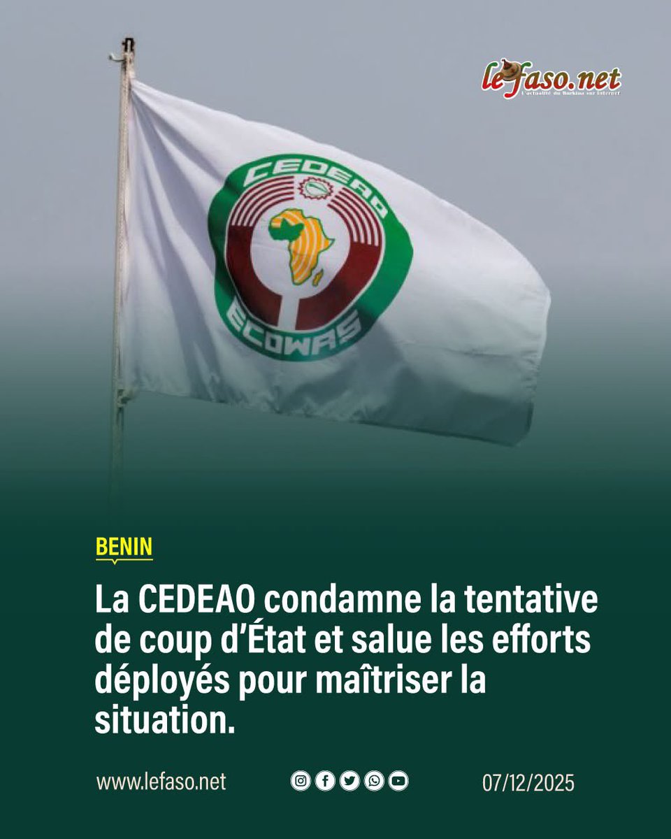 #New226| #Bénin🇧🇯🅾️⛔️: 

La CEDEAO <a href="/ecowas_cedeao/">Ecowas - Cedeao</a> condamne la tentative de coup d’État et félicite l’armée pour sa réaction . 

La Communauté économique des États de l’Afrique de l’Ouest (CEDEAO) a vivement condamné la tentative de coup d’État survenue au Bénin, dans un