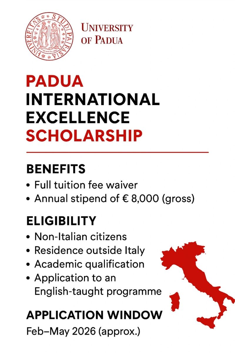 academic__com's tweet photo. The Padua International Excellence Scholarship offers full tuition + €8,000/yr for top international students applying to English-taught Bachelor’s &amp; Master’s programs at the University of Padua. Only regional tax + stamp duty required. A great chance to study in Italy! https://t.co/qoY4nRWYeX