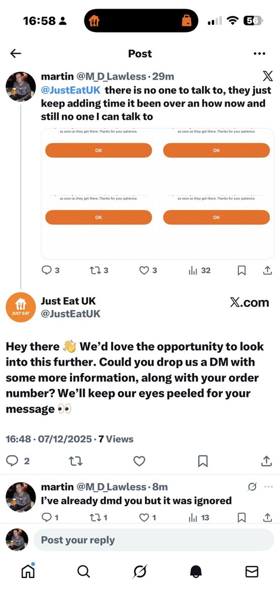 M_D_Lawless's tweet photo. @JustEatUK this is absolutely ridiculous, i was asked to dm just eat and its been 40 minutes and no reply still no food and scammers use the ineptitude for a chance to try to scams me because just eat will not chat through a secure all https://t.co/riBuCMJu6U