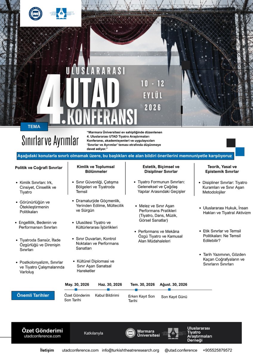 Değerli tiyatro dünyası ve akademisi,

4. Uluslararası UTAD Tiyatro Araştırmaları Konferansı Eylül 2026'da "Sınırlar &amp; Ayrımlar" temasıyla Marmara Üniversitesi ev sahipliğinde gerçekleştirilecektir. Çalışmalarınızı memnuniyetle bekleriz 🙏 
<a href="/pONDERado/">Önder Çakırtaş ponderado.bscy.social</a>
<a href="/macelikel/">Mehmet Ali Çelikel</a>
<a href="/utadconference/">UTAD Conference @TiyatroDernegi</a>