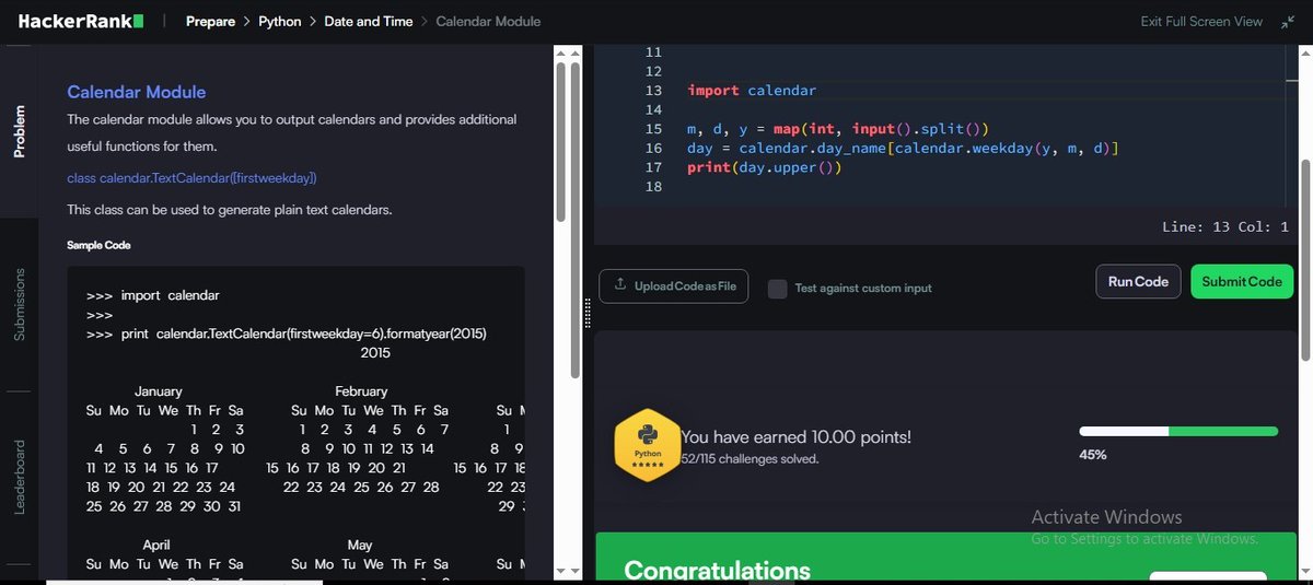 MRout75802's tweet photo. Day 77/100 ✅
💡 Challenge: Calendar Module
🔹 Used Python’s calendar module
🔹 Found the exact weekday for a given date
🔹 Converted output to uppercase format
#Python #100DaysOfCode #HackerRank #DateAndTime #zigbee https://t.co/lXo2Sv66fQ