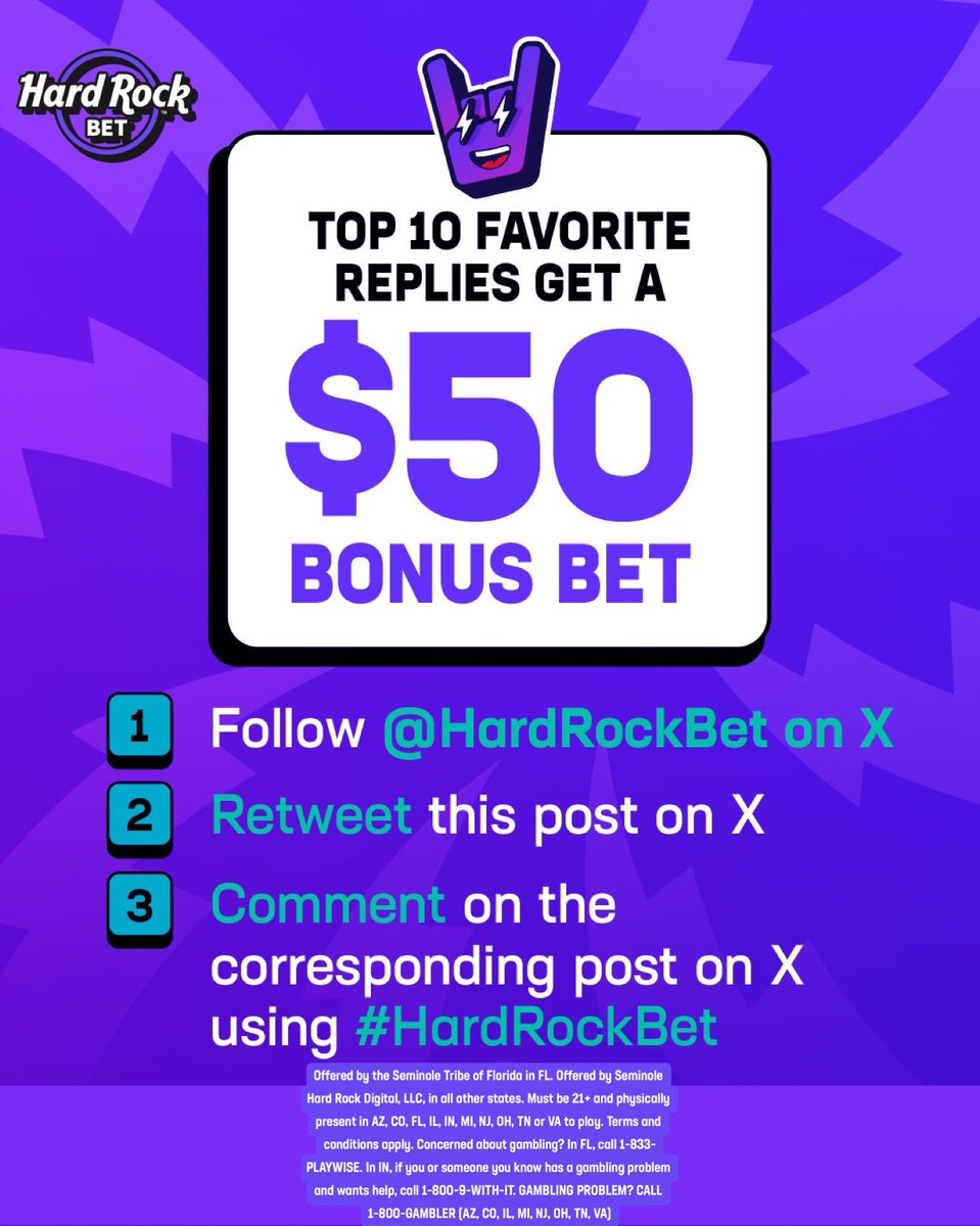 HardRockBet's tweet image. WIN A $50 BONUS BET! 

1⃣ Follow us
2⃣ Retweet this post
3⃣ COMMENT AND USE #HardRockBet 
4⃣ Admin will pick their favorite 10