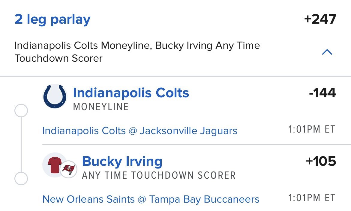 GreenFNpicks's tweet photo. 🚨NFL parlay lock of the week🚨

The Colts should NOT be this short of a favorite — they bounce back today against a Jags team everyone is overrating after smoking the Titans.

And the Saints? They should get run over by Bucky. Perfect matchup, perfect spot. He’s due to break one.

Let’s cash💰🏈