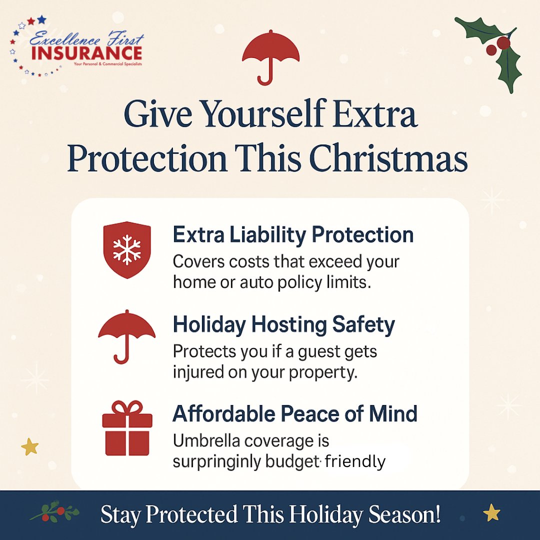 EFInsurance's tweet image. 🎄☂️ Extra protection for the holiday season? Umbrella insurance has you covered so you can celebrate with peace of mind!

 #ExcellenceFirstInsurance