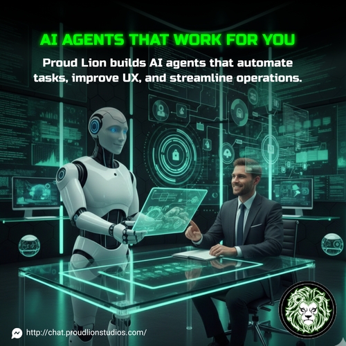 🤖 Let AI do the work while you scale your business.
Our custom AI agents automate tasks, speed up workflows, and unlock smarter operations for teams that want to grow faster.
Explore AI for your business 👉 proudlionstudios.com

#AIAgents #ProcessAutomation #BusinessAI
