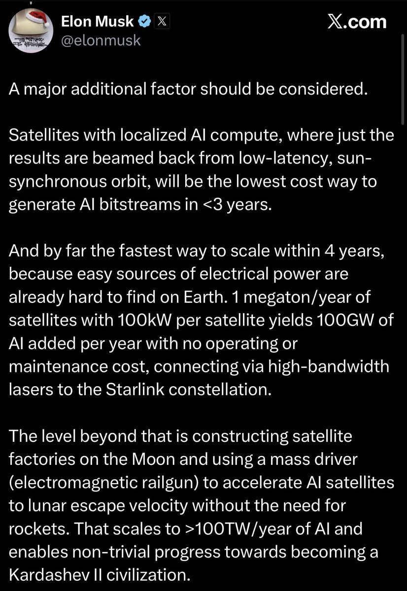 StockSavvyShay's tweet image. Elon Musk saying that the next leg of AI scaling won’t come from squeezing more power on Earth but from adding compute through low-cost satellites that plug directly into Starlink.

The market is completely mispricing how explosive the space economy is about to get over the next…