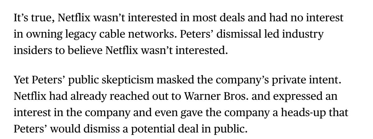 Netflix co-CEO Greg Peters dismissed big media mergers in an interview with me 2 months ago.  

That was a head fake. In private: