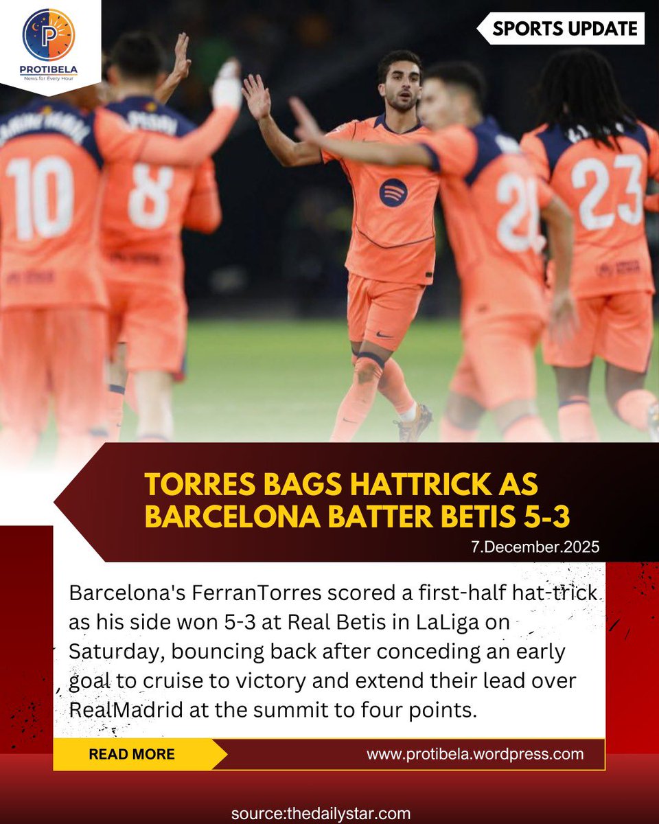 Protibela1's tweet photo. #FerranTorres hat-trick powers #Barcelona to a thrilling 5-3 win over Real Betis! Barça now 4 points clear at the top 🏆⚽
#LaLiga #Football #Barça #HatTrick #Soccer #Victory #Betis #RealMadrid 
#JMConlinemojo
@MoJoJamil https://t.co/jfzMmHgsLS