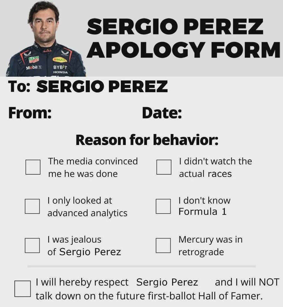 vte_mex's tweet photo. @F1 Rb asking Yuki to do the same, believing they have a Checo.

How many points did the two drivers score together? Not even a quarter of his “bad season,” and today more than ever they missed the defense minister.

 They got what they deserved. https://t.co/L0bRwbEql5