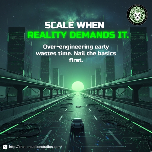 Building for millions before you have dozens is how founders burn time and budget.
Scaling prematurely is like building a six-lane highway before you even buy the car.

At Proud Lion Studios, we architect products that stay lightweight now and grow powerful later — without