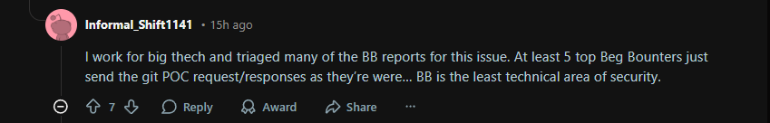 "BB is the least technical area of security" Infosec Reddit hates bug bounty so much