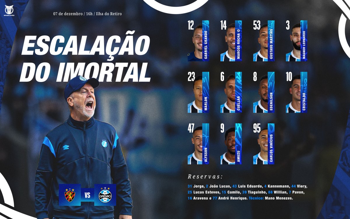 🇪🇪📋 ESCALAÇÃO DO IMORTAL!
[#PraTodosVerem]
12 Gabriel Grando
14 Marcos Rocha (capitão)
53 Gustavo Martins
3 Wagner Leonardo
23 Marlon
6 Cuéllar
8 Edenilson
10 Cristaldo
47 Alysson
9 Amuzu
95 Carlos Vinícius

RESERVAS
31 Jorge, 2 João Lucas, 43 Luis Eduardo, 4 Kannemann, 44