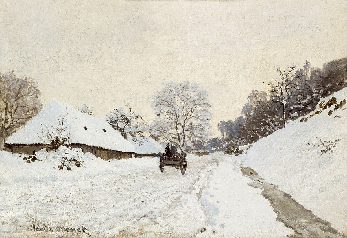 #BonsoirEnArt 🎨
La charrette. Route sous la neige à Honfleur.
(1867) 
C. Monet.