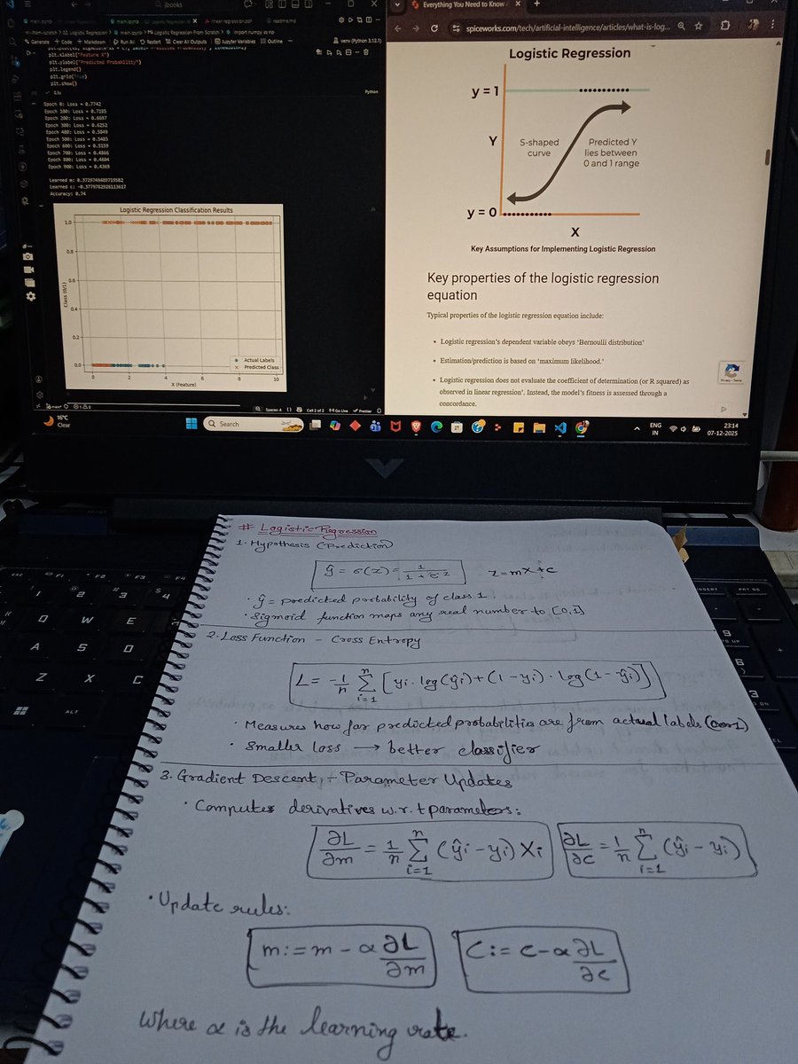 TheEigenNerd's tweet image. Implementing Logistic Regression from scratch!

It’s a classification algorithm that predicts probabilities for 0/1 outcomes. Instead of drawing a line like Linear Regression, it uses the sigmoid function to squash predictions between 0 and 1. This way, we can decide whether an…