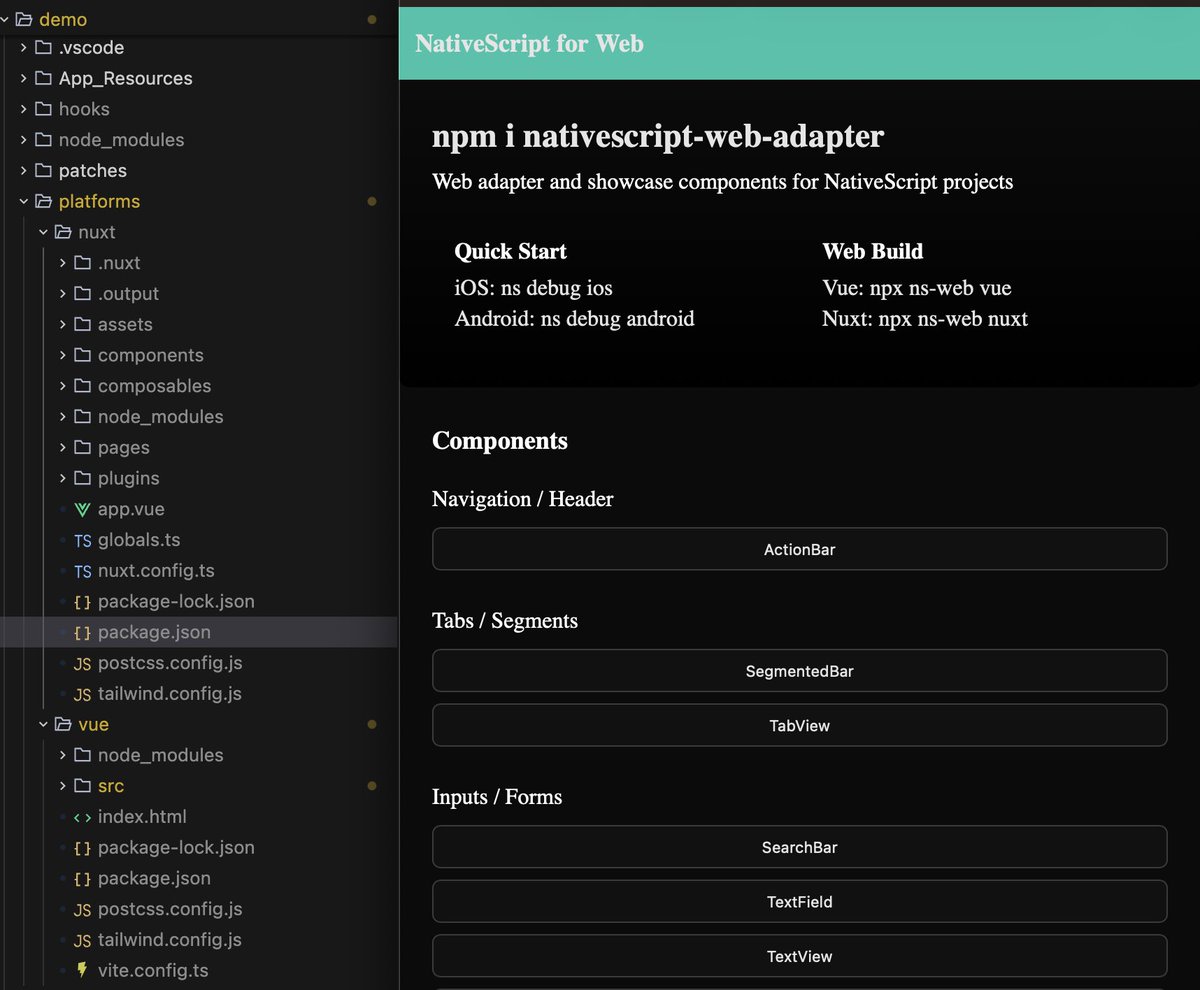 GuoaiZ11355's tweet image. NativeScript for web v0.1.5!

Add Nuxt&amp;amp;SSR support!

Only @NativeScript to @vuejs &amp;amp; @nuxt_js &amp;amp; Native

GitHub👇