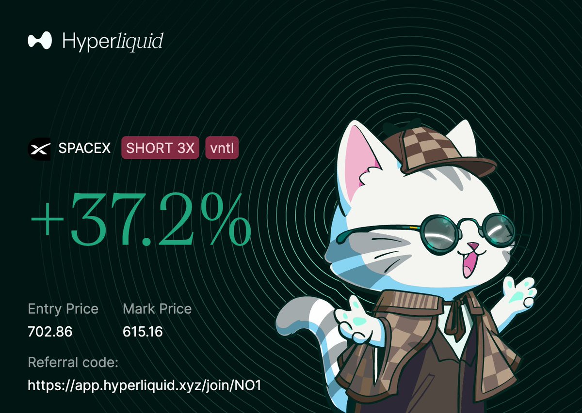 Attention: <a href="/SpaceX/">SpaceX</a> shareholders.
<a href="/elonmusk/">Elon Musk</a>
Hedge Lock in your equity while getting paid 14,000% interest only app.hyperliquid.xyz/trade/vntl:SPA… by

<a href="/ventuals/">Ventuals</a>
app.hyperliquid.xyz/join/HYPERneob… #SpaceX
