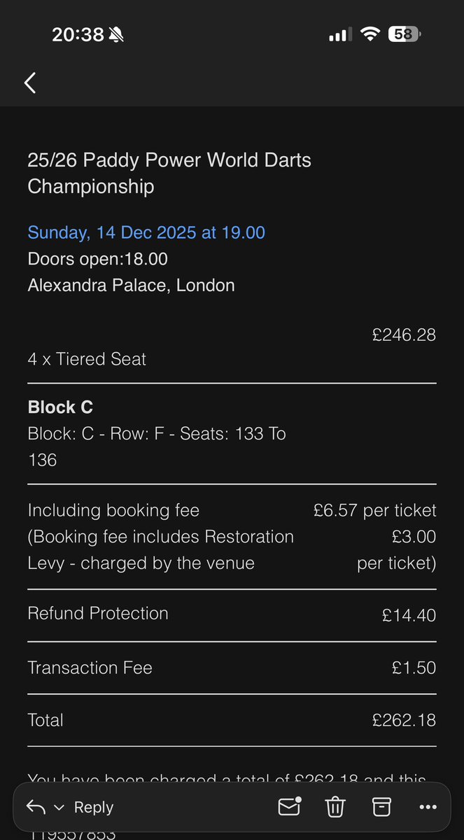 elltaylor_11's tweet photo. 🎯 Selling 4x tickets for the PDC World Championships at ally pally Sunday 14th December EVENING SESSION. 
Tiered seating (Block C) 
Paid £260 for 4 (pic below) 
Message me if interested! 
#pdc #darts #worldchampionships https://t.co/wrl1MuHqEh