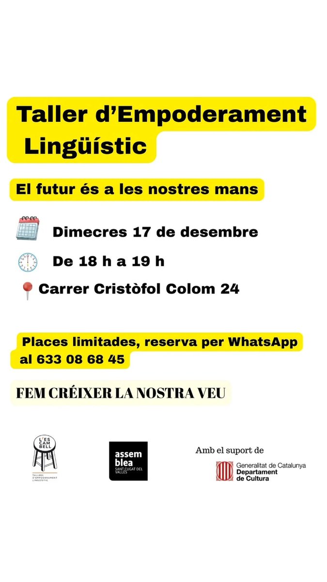 DEFENSEM LA NOSTRA LLENGUA 
Reserva placa.
Guanyem confiança, adquirim estratègies per mantenir la nostra llengua.
Empodera't. Parla català. Fes créixer la teva veu.