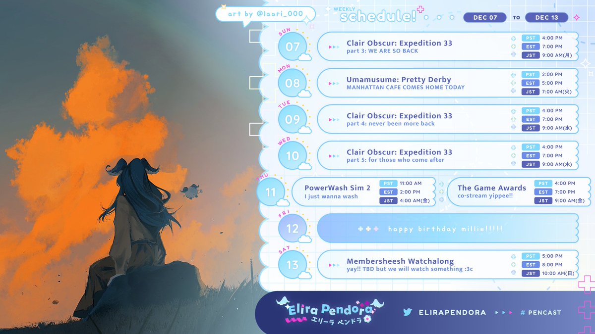EliraPendora's tweet image. 『Weekly Schedule &amp;amp; Hashtags』
December 7th - 13th

we so back

general - #EliraPendora
live tag - #PenCast
art tag -  #絵リーラ #pendorART
nsfw tag - #elilust
cosplay - #eligant
memes - #E1337RA
thumbnail - #thumbscales
voice - #ewiwapack
mascot - #weewas

artwork by @/laari_000