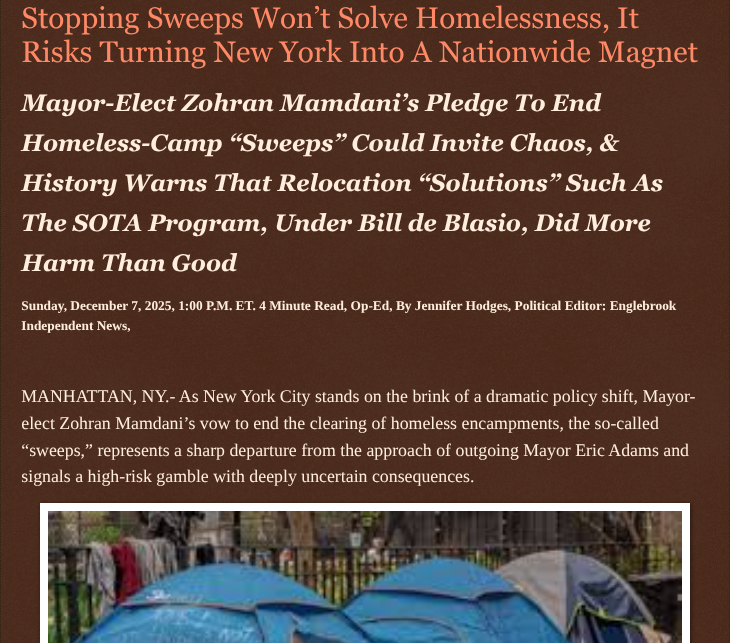 ArtFletcher9's tweet photo. Stopping Sweeps Won’t Solve Homelessness, It Risks Turning New York Into A Nationwide Magnet https://t.co/FRF1ayE8V2 via @Englebrooknews #NewYork #NewYorkCity #MayorElect #ZohranMamdani #homeless #camps #Sweeps #homelessness @wireless_step @HRG_Media @LodiNJNews @fordmb1 @SarahGeving1 @Shannon96574094 @Daytobehappy @janninereid1 @MichelleF_35 @gator4kb18 @TrumpWasRite2 @KathyKbrose @RobGerundo @JimBobW49