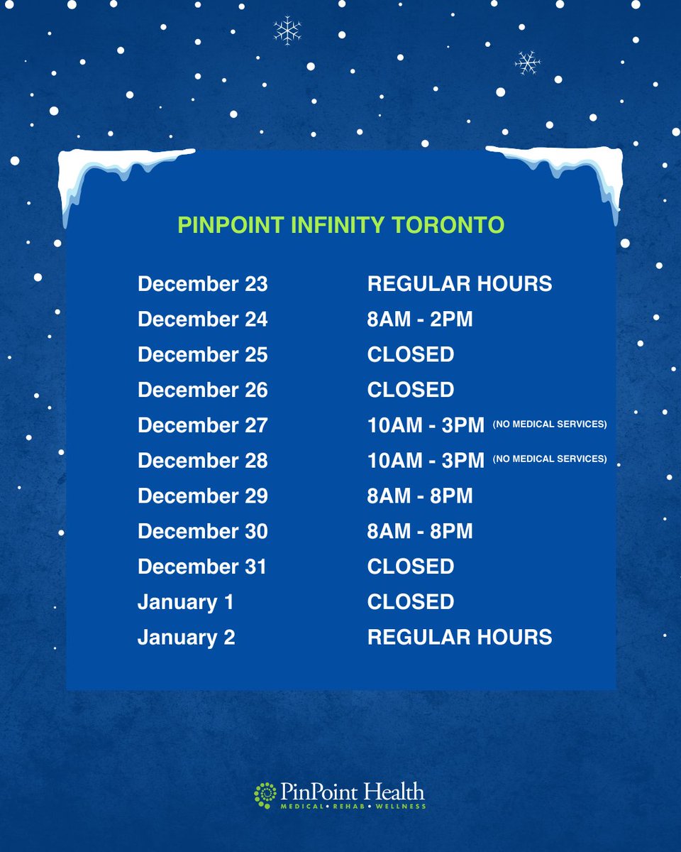 PinPoint_Health's tweet image. (4/4) The holidays are fast approaching. Be sure to check our updated holiday hours before you visit any of our locations, and click the link below to learn more. 

bit.ly/3FQtNDH