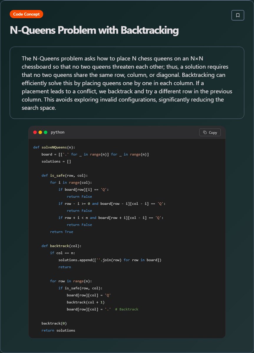 techielearns's tweet image. ✨ N-Queens Problem with Backtracking (Data Structures And Algorithms)

#Algorithms #DataStructures #CodingInterview #ProblemSolving #100DaysOfCode #DevLife
