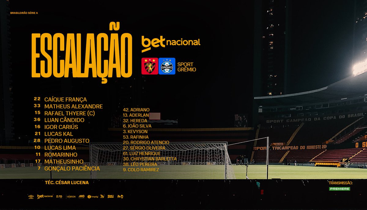 Sport escalado para o jogo diante do Grêmio, pela 38ª rodada do Campeonato Brasileiro. 🦁📋