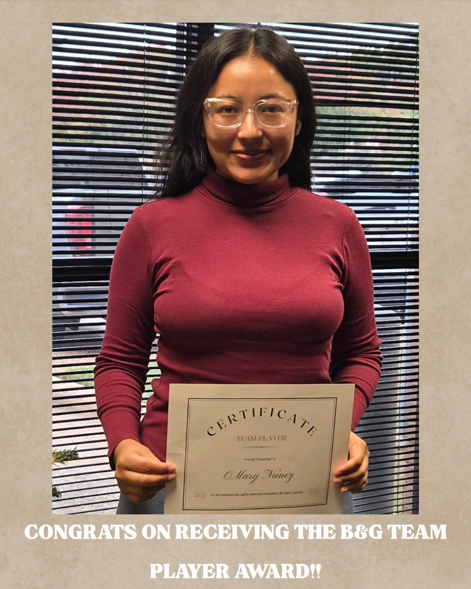 A huge congratulations to Mary for being awarded the Team Player certificate! 🙌 Your hard work and teamwork make all the difference at Bailey &amp; Galyen.
