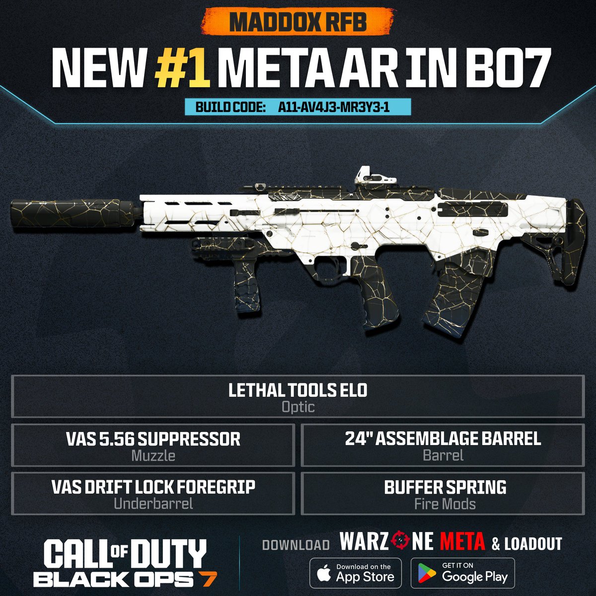 ‼️🚨 NEW #1 META AR IN BO7 🚨‼️

🥇 The new MADDOX RFB is INCREDIBLE in #BlackOps7 MP!

📊 TTK: 249ms up to 25 meters!
✅ Low Recoil
✅ Large Default Mag

🔫 Build Code: A11-AV4J3-MR3Y3-1