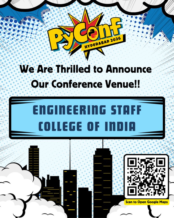 pyconfhyd's tweet image. 🎉Big news, Pythonistas! We’re thrilled to announce that #PyConfHyd2026 will be hosted at the Engineering Staff College of India (ESCI)! This is a fantastic venue and we couldn’t be more excited to bring the community together for an unforgettable edition.