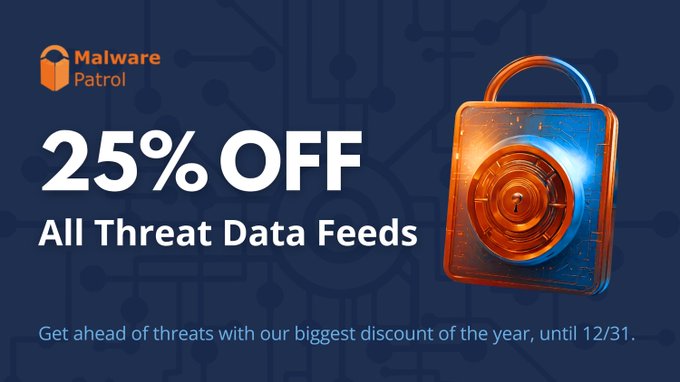 MalwarePatrol's tweet image. Our annual sale is on. New customers get 25% off their first year's subscription. Offer includes all threat data feeds &amp;amp; packages. Valid until Dec 31st.   

Learn more. --&amp;gt; malwarepatrol.net/enterprise-thr… 

#CyberSecurity #ThreatIntel #onpatrol4malware