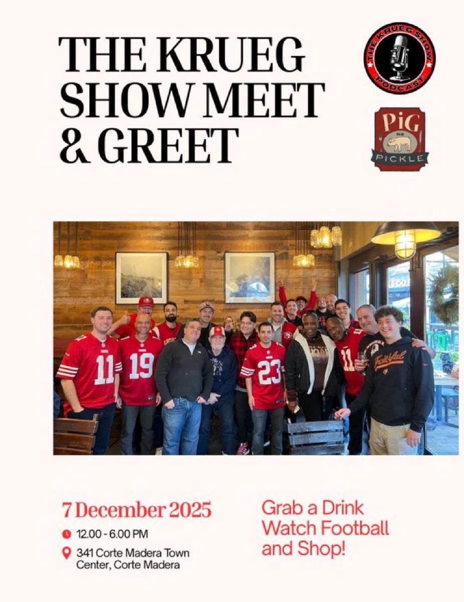 sportslarryk's tweet image. Join me TODAY at @PigPickle in Corte Madera for The 2nd Annual Krueg Show Meet and Greet! Stop by have some BBQ, watch some week #14 ball. We will be giving away Krueg Show Merch and an autographed Ricky Pearsall mini #49ers Helmet to one lucky fan. Join us in Marin! @kevinkruegs…