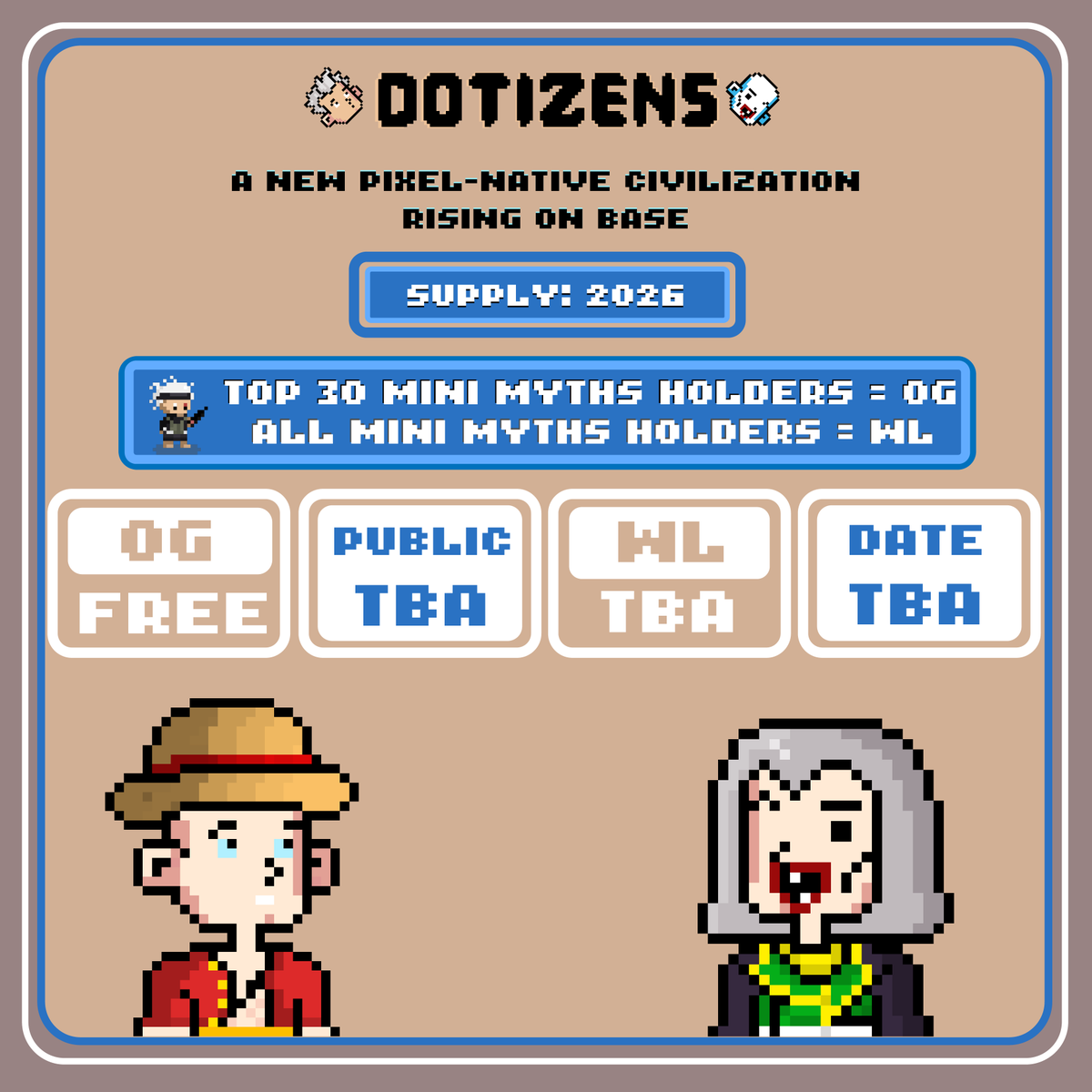 Dotizens × MiniMyths Collab's Alert 🗣

We’re excited to announce a collab between @Dotcity_base and MiniMyths.

 OG spot to top 30 holders and all holders FCFS 

we are giving away  3 OG  spot now 

To enter : 
Drop Your Base Address
Like + Retweet + tag 1 base fren 
must be