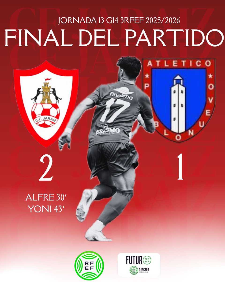 C.F. JARAÍZ 25/26.
🏆3 RFEF Grupo XIV.
⚽Jornada 13
⏱️'90+4
C.F. Jaraíz.                     2
Atl. Pueblonuevo.       1
Final