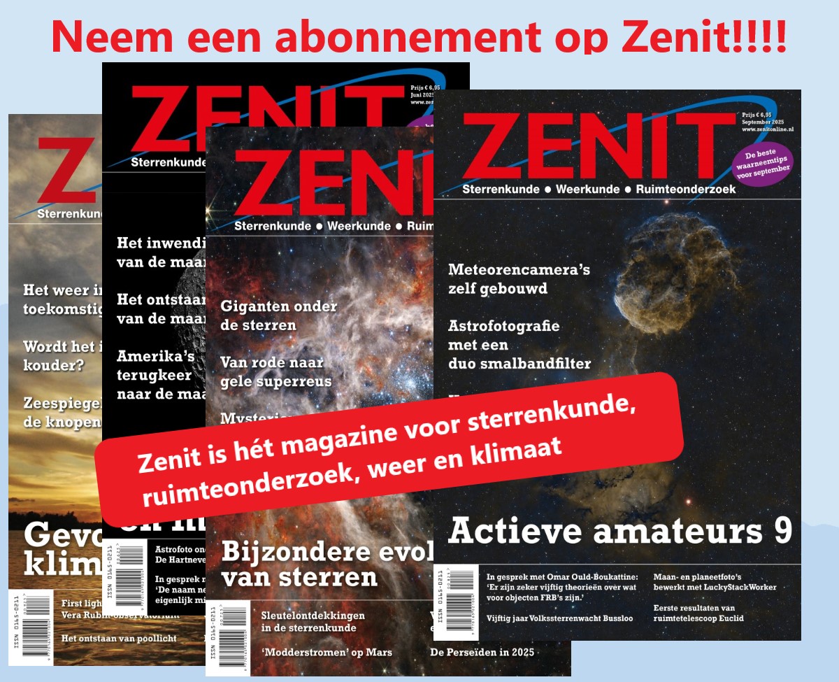 Zenit is al VIJFTIG jaar hét wetenschappelijke maandblad over sterrenkunde, weerkunde, ruimteonderzoek. 

Het tijdschrift volgt de ontwikkelingen in de professionele wetenschap op de voet.
Neem een abonnement, of geef een abonnement cadeau!!!!  zenitonline.nl/product-catego…