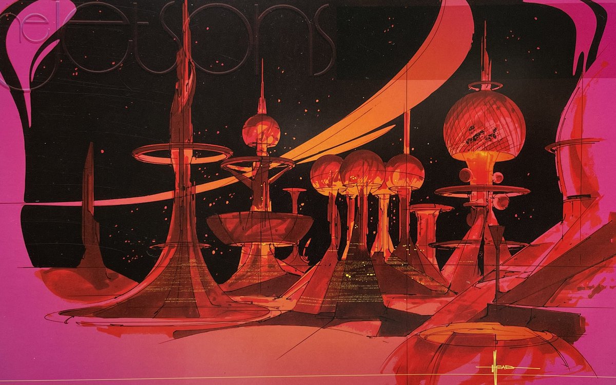 SciFiArchives's tweet image. Syd Mead’s concept artwork for a planned but ultimately unmade live action adaptation of The Jetsons.