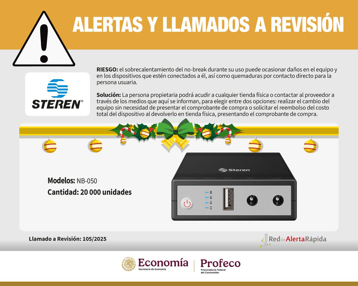 RdelConsumidor's tweet image. 🚨Alerta Rapida🚨

La @Profeco en coordinacion con Electronica Steren , S. A. de C. V. informan sobre el llamado a revision del modelo NB-050, lote PO 48883 al PO 50275. Es probable que esta situacion afecte a 20 000 unidades.

Entérate de la solución, acciones y medios de…