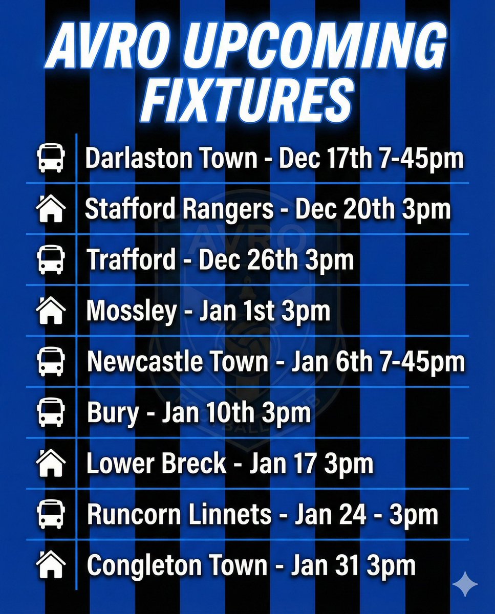 The December and January line up for <a href="/AvroFC/">Avro FC</a> we will know where we are at the end of January that’s for sure. Support on the road for <a href="/Grantshenton4/">Grant Shenton</a> and the lads will be appreciated and always makes a difference #UpTheRo