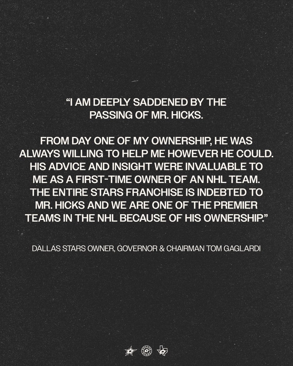 DallasStars's tweet photo. A statement from Dallas Stars Owner, Governor &amp; Chairman Tom Gaglardi on the passing of former owner Tom Hicks: https://t.co/Lpk3l8ZCrG