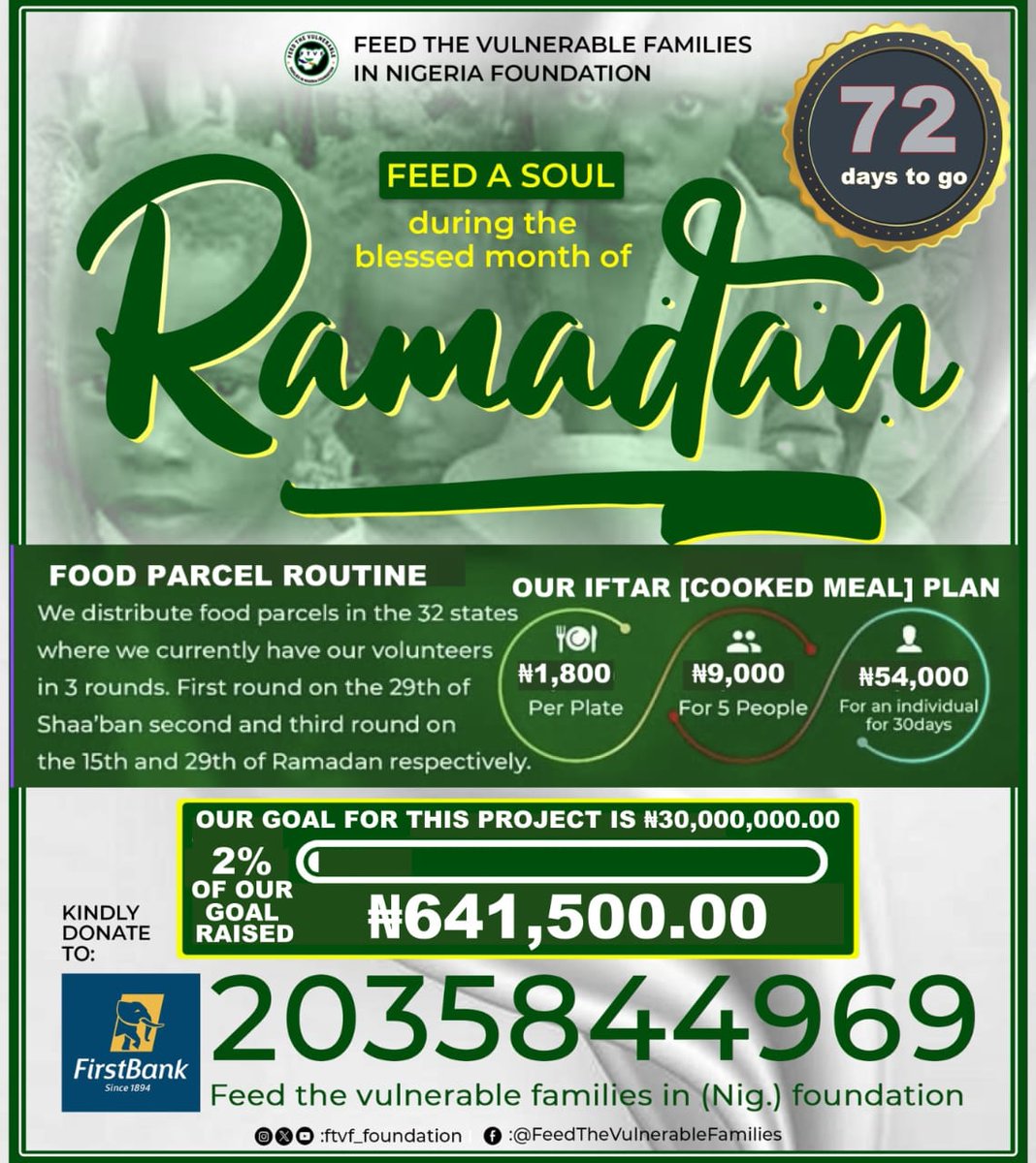 In Islam, waiting with patience and hope is considered a significant act of Iba'adah, as it demonstrates faith in Allah [swt's] wisdom, timing, and plan

Please do not wait until it's the month of Ramadan to donate to this noble cause

2035844969
First Bank Plc

#FTVFRamadan2026