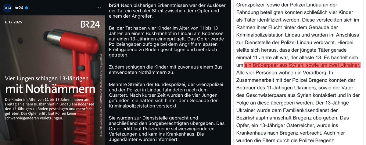 Der BR berichtet auf Insta über die Jugendlichen, die in Lindau einen Österreicher mit Notfallhämmern verprügelt haben. Dass es sich bei den Tätern um Ukrainer und Syrer handelt, wird erneut weggelassen.