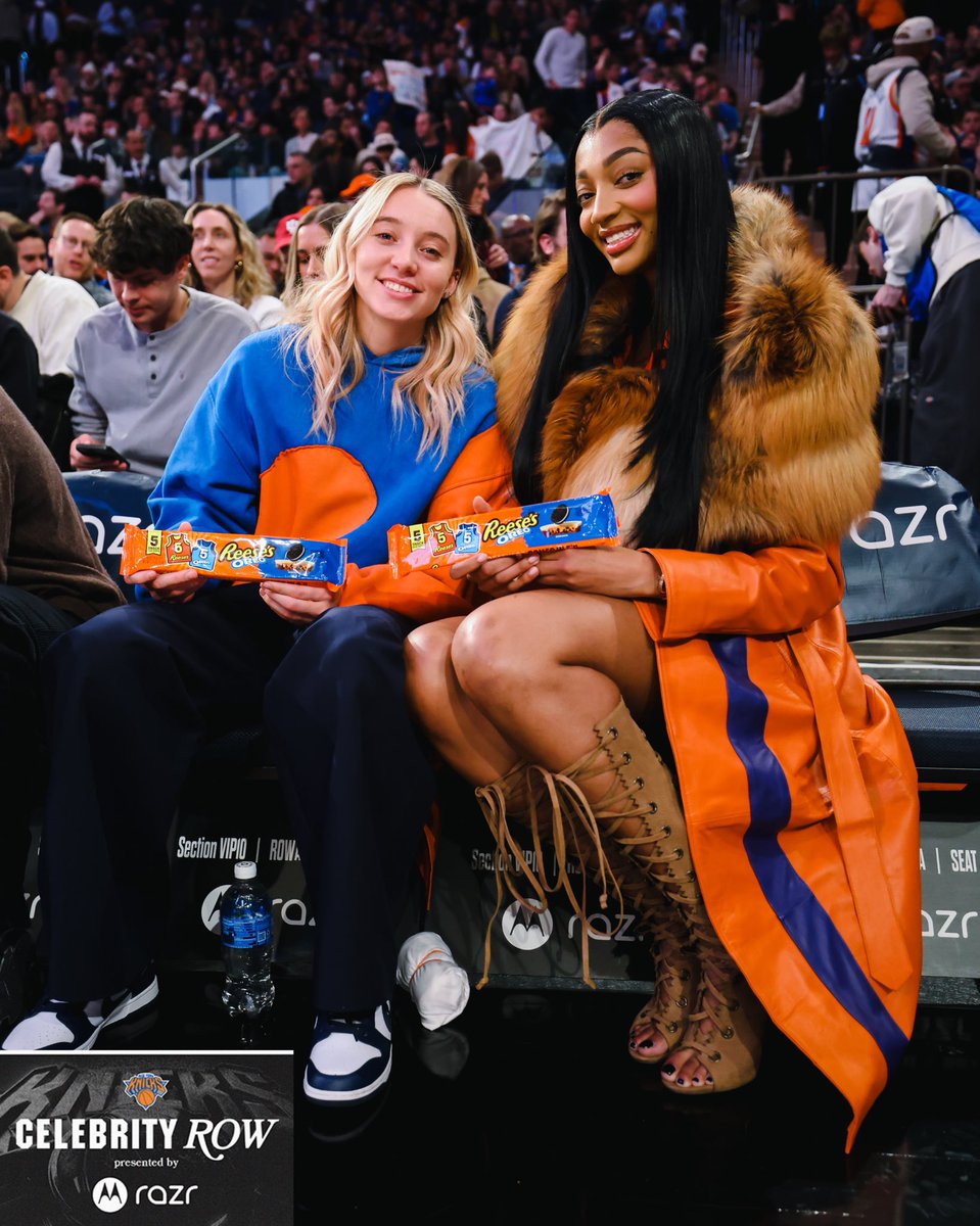 PopBase's tweet image. Angel Reese and Paige Bueckers today at the New York Knicks basketball game.