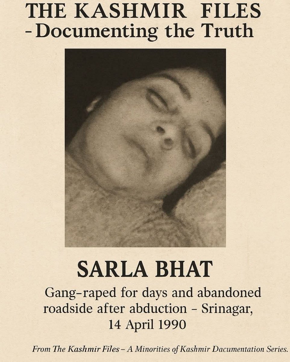 BS_Prasad's tweet image. 💔  Sarla Bhat — “The Kashmir Files”

She was only doing her duty.
A young Kashmiri Pandit nurse, healing the sick, serving her people, walking the halls of a hospital that should have been a place of safety.

But hatred entered through the doors before dawn on 14 April 1990.…